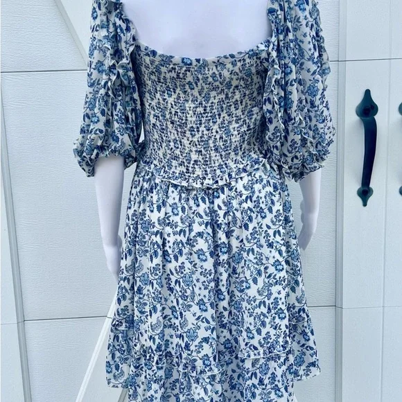 Revolve Super Natural by Secret Mission Blue Floral Chiffon Ruffle Peasant Dress - Picture 5 of 11